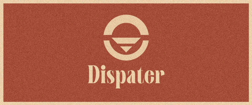 The Dispater logo on rust-red paper