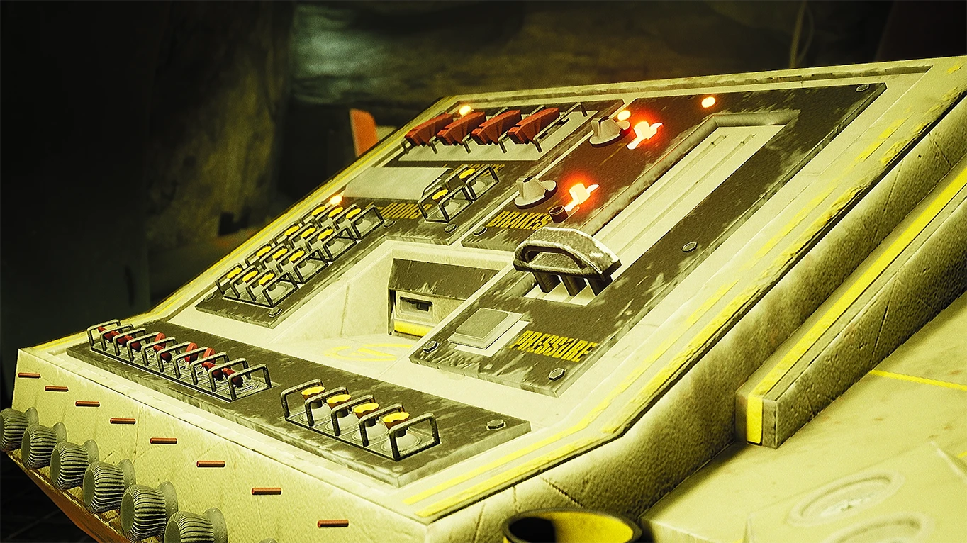 A worn yellow control panel with switches, knobs and a lever marked Brakes and Pressure