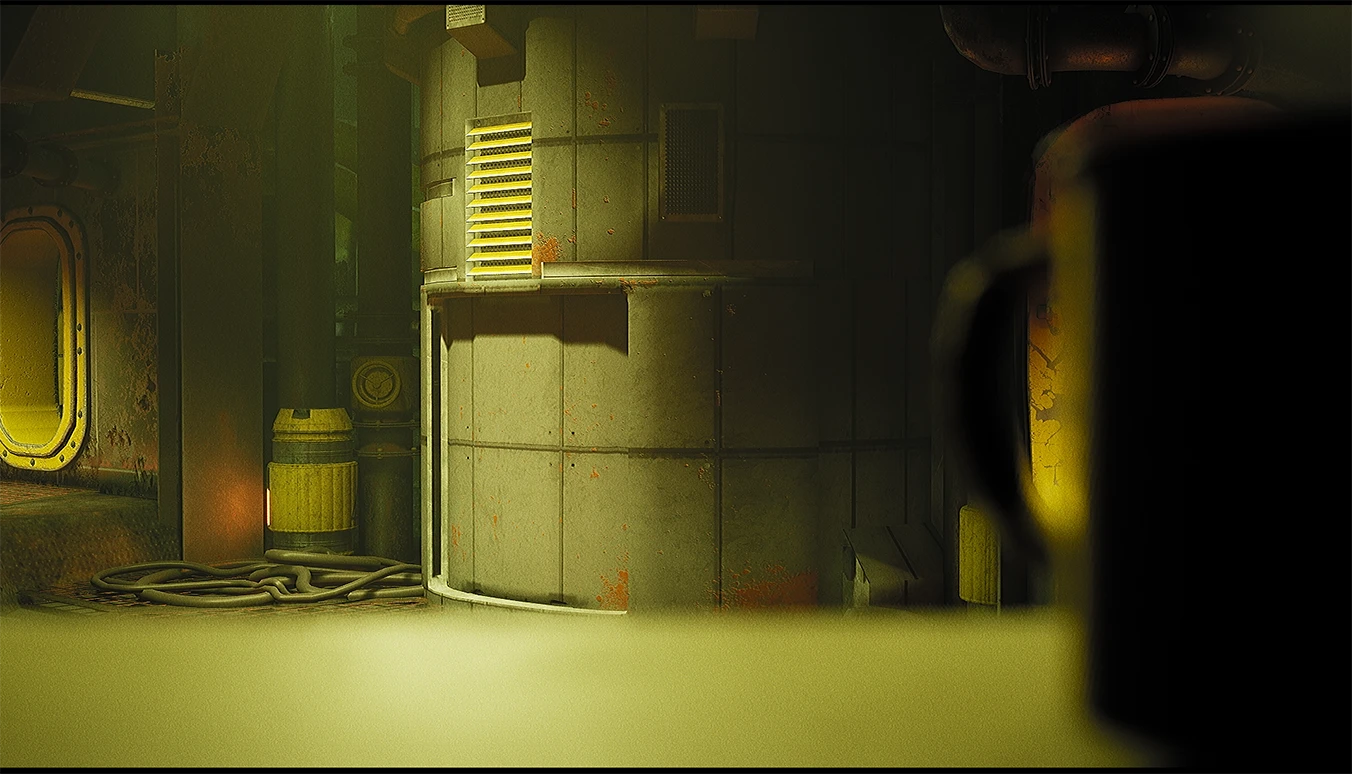 A dim station room with a yellow-lit hatch and a large cylinder, a mug blurred in the foreground