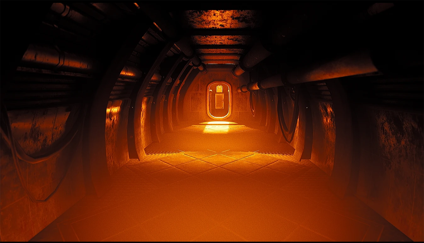 A rusty tunnel glowing orange, leading to a lit hatch at the far end