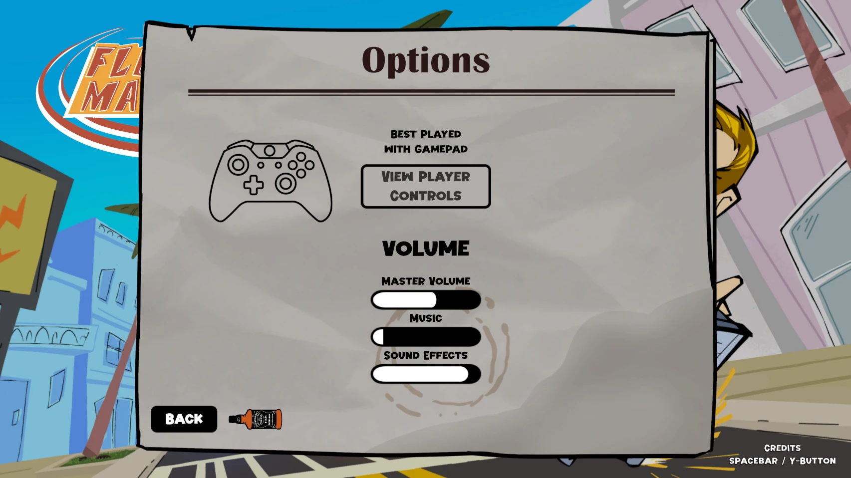 Options screen with gamepad controls and volume sliders for master, music and sound effects